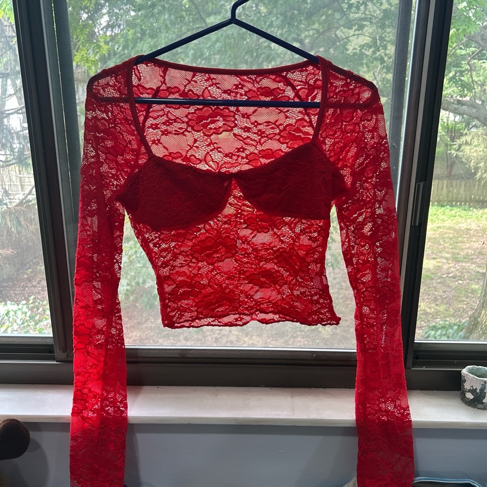 SHEIN Red Lace Long Sleeve Blouse